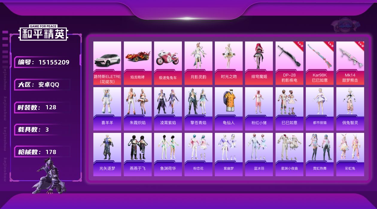 和平精英账号安卓QQ[15155209]【店主推荐捡漏号！可直接换绑】/地铁满天赋 安卓 手Q-3粉装-3特效枪-3载具-2粉色飞行器-5.4w热力值-5王牌印记-128套装-178枪皮【热门品类】：套装-龟仙人，套装-