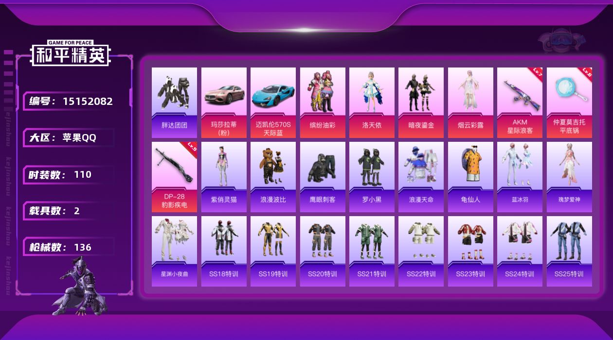 和平精英账号苹果QQ[15152082]地铁满天赋【店主推荐捡漏号！可直接换绑】苹果 手Q-4粉装-3特效枪-2载具-2粉色飞行器-45303热力值-7王牌印记-110套装-136枪皮
【热门品类】：粉装-缤纷油彩，套装