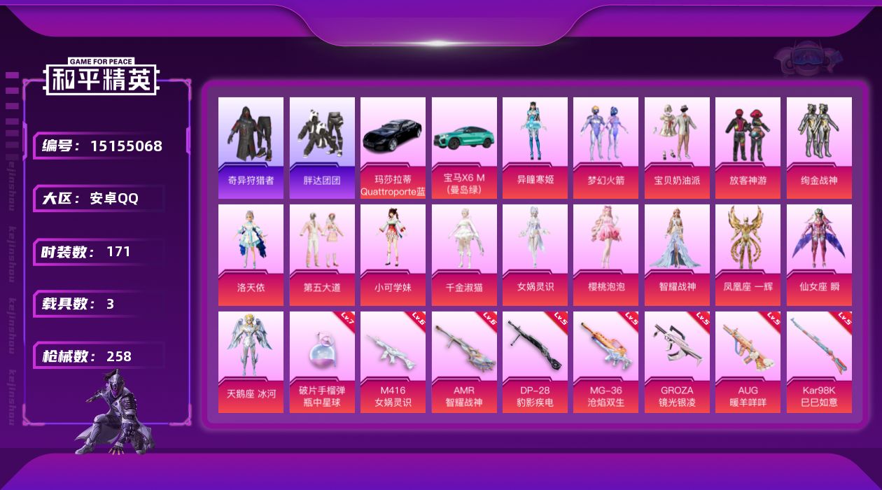 和平精英账号安卓QQ[15155068]【店主推荐捡漏号！可直接换绑】/素材身法号/地铁满天赋 安卓 手Q-15粉装-11特效枪-3载具-6粉色飞行器-8.2w热力值-10王牌印记-171套装-258枪皮【热门品类】：粉
