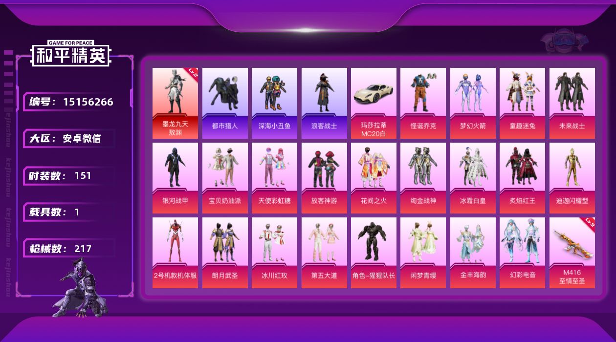 和平精英账号安卓微信[15156266]素材身法号/绝世印记1/M416-至情至圣(九级) 安卓 微信-1神装-21粉装-10特效枪-1载具-4粉色飞行器-8.3w热力值-14王牌印记-151套装-217枪皮【红色神装等