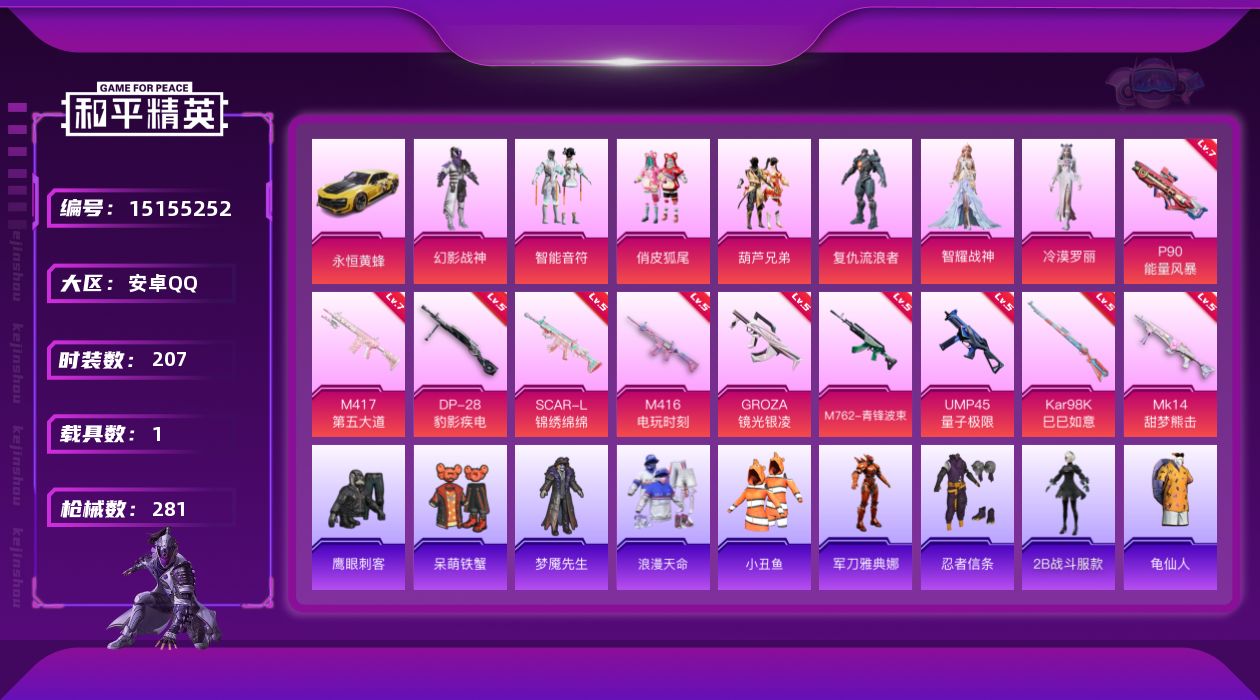 和平精英账号安卓QQ[15155252]地铁满天赋/可二次【店主推荐捡漏号！可直接换绑】安卓 手Q-7粉装-10特效枪-1载具-5粉色飞行器-92323热力值-19王牌印记-207套装-281枪皮【热门品类】：套装-浪漫