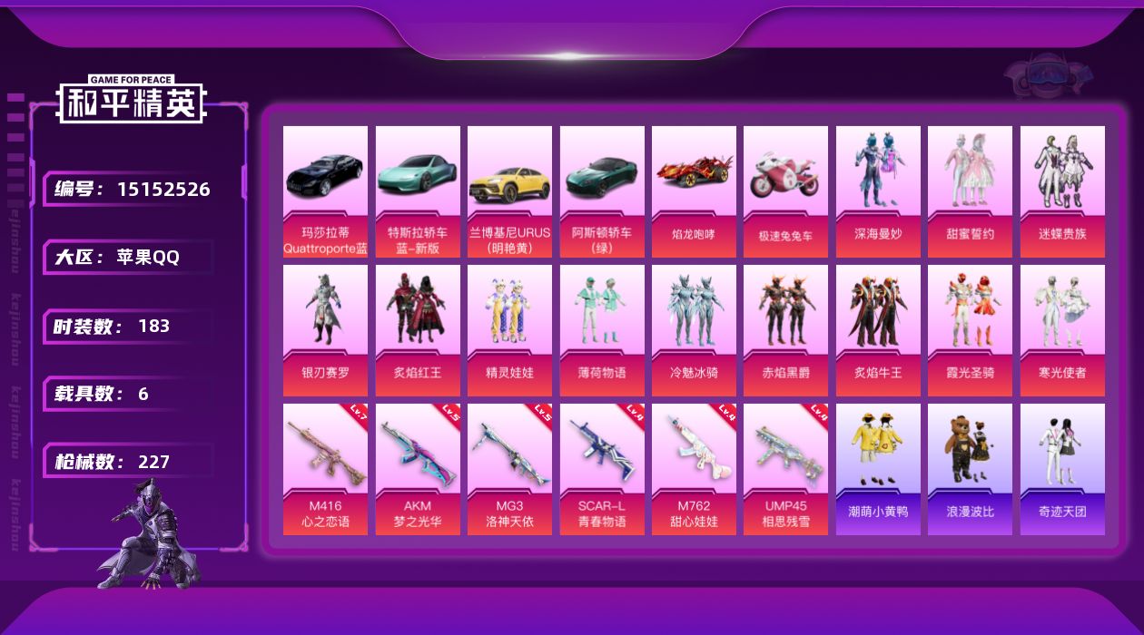 和平精英账号苹果QQ[15152526]【店主推荐捡漏号！可直接换绑】/素材身法号 苹果 手Q-12粉装-6特效枪-6载具-2粉色飞行器-8.2w热力值-13王牌印记-183套装-227枪皮【热门品类】：角色-2P战斗服