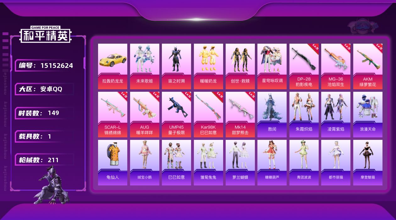 和平精英账号安卓QQ[15152624]地铁满天赋 安卓 手Q-5粉装-8特效枪-1载具-2粉色飞行器-6.3w热力值-12王牌印记-149套装-211枪皮【热门品类】：套装-浪漫天命，套装-龟仙人【粉色载具】：拉轰奶龙