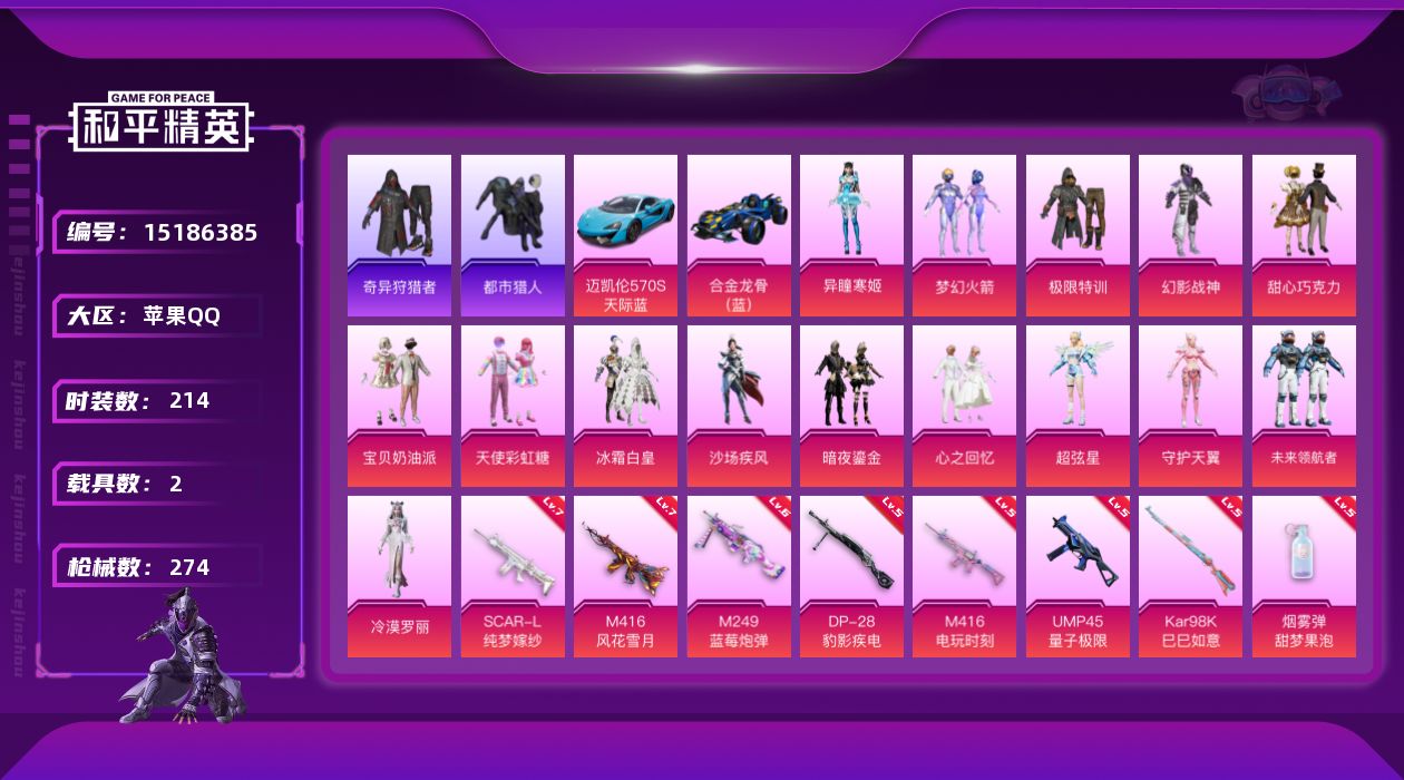 和平精英账号苹果QQ[15186385]【店主推荐捡漏号！可直接换绑】极品身法号 地铁满天赋 苹果 手Q-15粉装-9特效枪-2载具-6粉色飞行器-95301热力值-13王牌印记-214套装-274枪皮
【热门品类】：粉