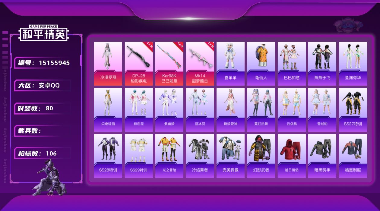和平精英账号安卓QQ[15155945]可二次【店主推荐捡漏号！可直接换绑】 安卓 手Q-1粉装-3特效枪-2.5w热力值-2王牌印记-80套装-106枪皮【热门品类】：套装-龟仙人【粉色套装】：角色-冷漠罗丽【粉色枪皮