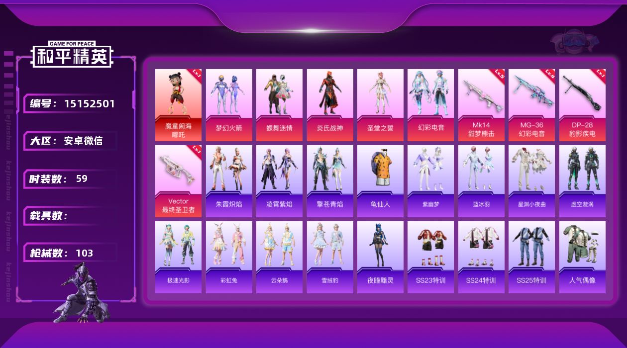 和平精英账号安卓微信[15152501]特价急出-1414个神装碎片可随意悦换-安卓-1神装-5粉装-4特效枪-0载具-4粉色飞行器-29962热力值-1王牌印记-59套装-103枪皮
【红色神装等级】：魔童闹海-哪吒(