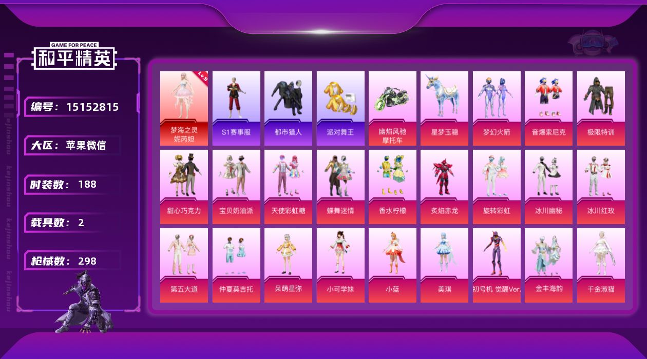 和平精英账号苹果微信[15152815]5级妮芮妲！【红装碎片1306】小丑女觉醒螳螂！苹果 微信-1神装-24粉装-13特效枪-2载具-15粉色飞行器-123471热力值-11王牌印记-188套装-298枪皮
【红色神