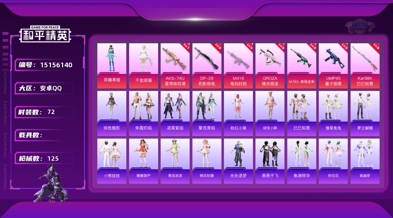 和平精英账号安卓QQ[15156140]【店主推荐捡漏号！可直接换绑】 安卓 手Q-2粉装-7特效枪-4粉色飞行器-3.8w热力值-6王牌印记-72套装-125枪皮【热门品类】：套装-粉红小猪【粉色套装】：角色-千金淑猫