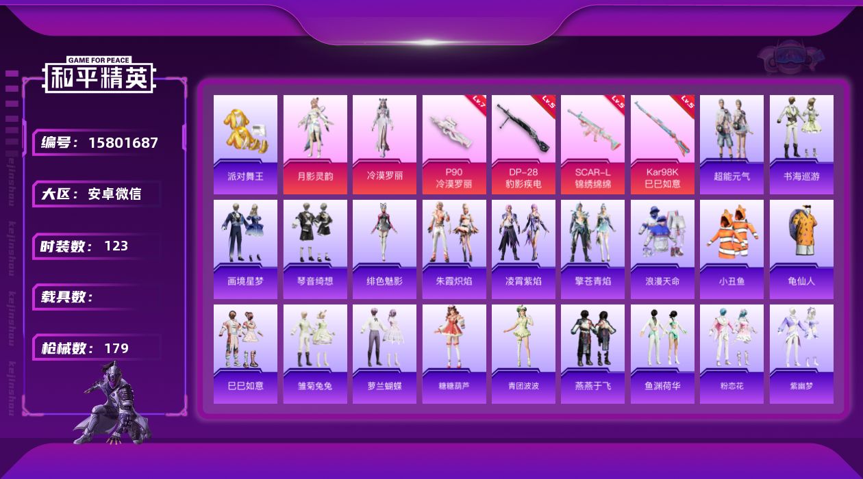 和平精英账号安卓微信[15801687]可二次-巡查员上衣-金鞋子-冷漠罗丽-安卓 微信-2粉装-4特效枪-0载具-2粉色飞行器-50285热力值-13王牌印记-123套装-179枪皮
【热门品类】：绝对防御上衣，套装-