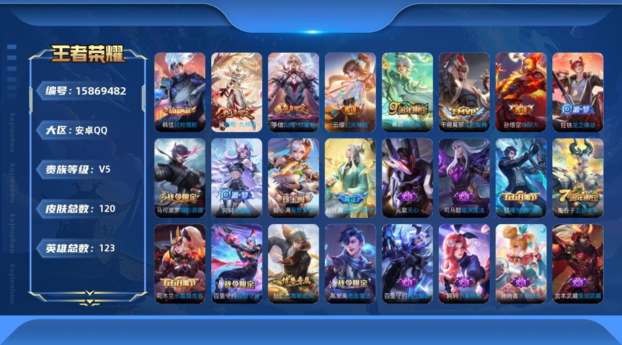 王者荣耀账号安卓QQ[15869482]实名: 可修改 贵族等级: V5 英雄数: 123 皮肤数: 120 荣耀水晶: