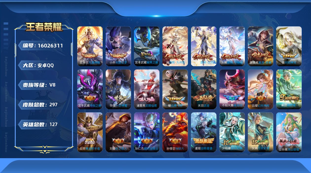 王者荣耀账号安卓QQ[16026311]实名: 可修改 贵族等级: V8 英雄数: 127 皮肤数: 297 荣耀水晶: