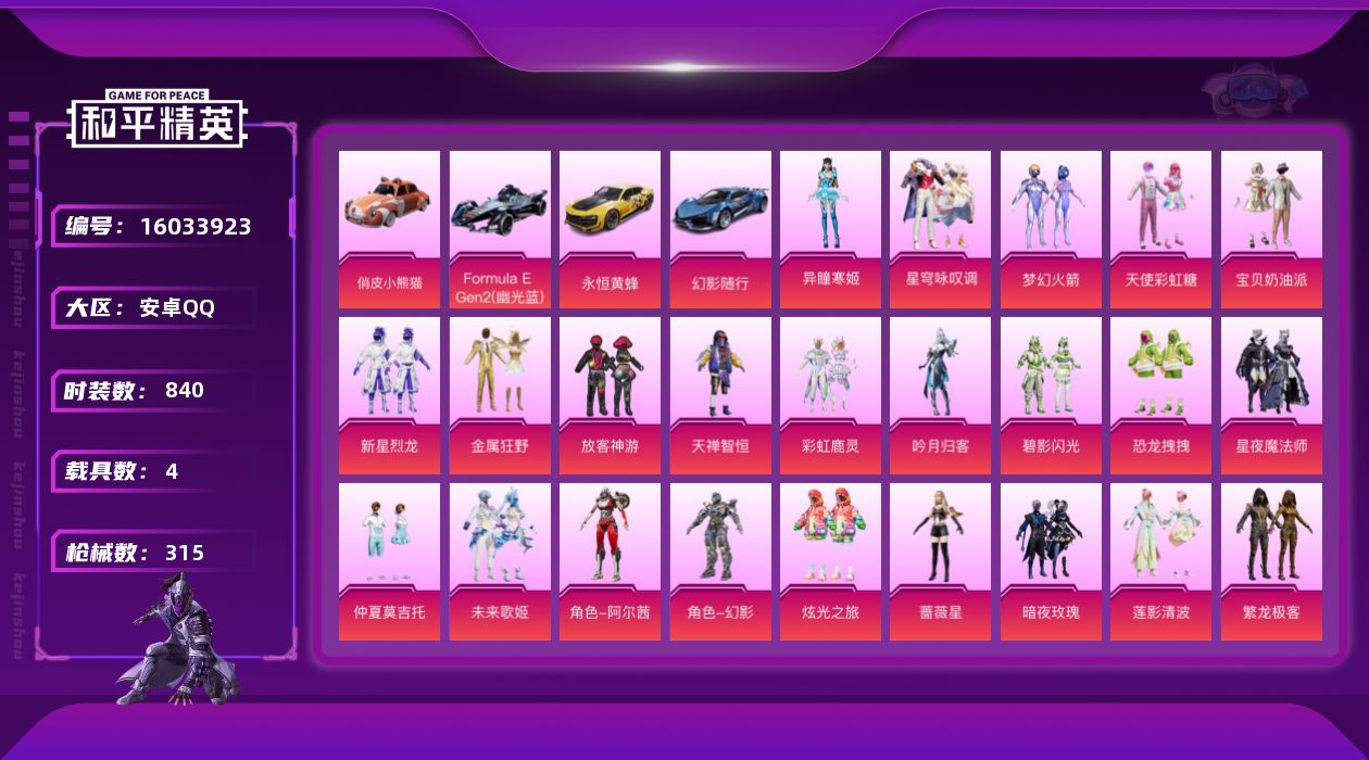 和平精英账号安卓QQ4载具-223套装-315枪皮-2稀有4载具23粉装10特效枪19热门223套装315枪皮 热力值 