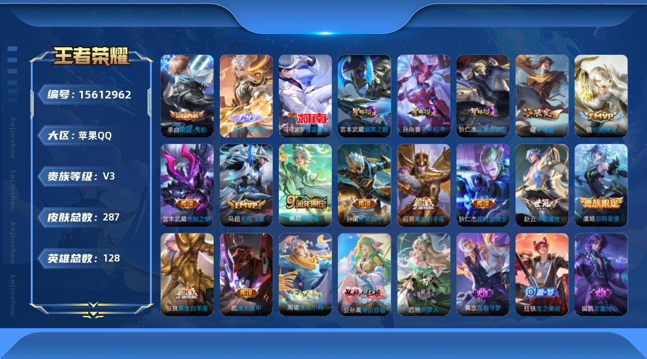 王者荣耀账号苹果QQ[15612962]可二次【店主推荐捡漏号！可直接换绑】苹果Q-V3-至尊星耀I段位-127英雄-281皮肤-1典藏皮肤-1无双-1珍品传说-11传说-78史诗-3星元
【英雄全皮】：鬼谷子全皮，蒙恬