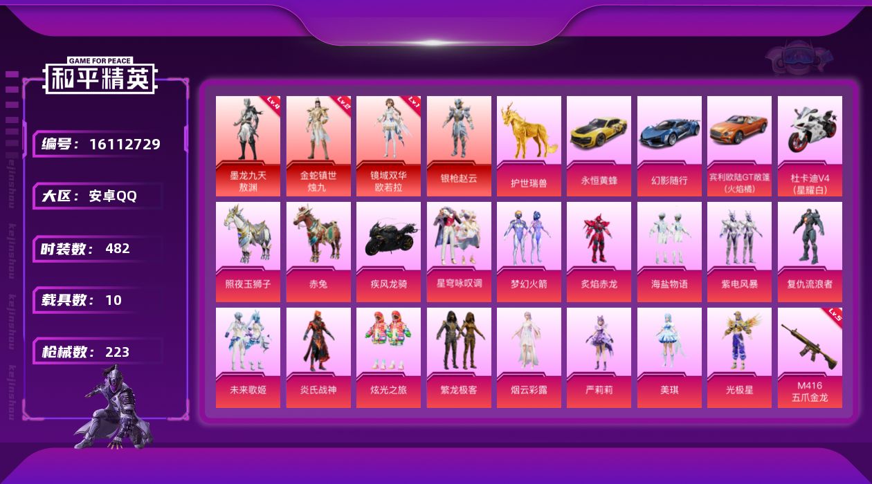 和平精英账号安卓QQ[16112729]10载具-146套装-223枪皮--4红装10载具14粉装14特效枪6印记【4红