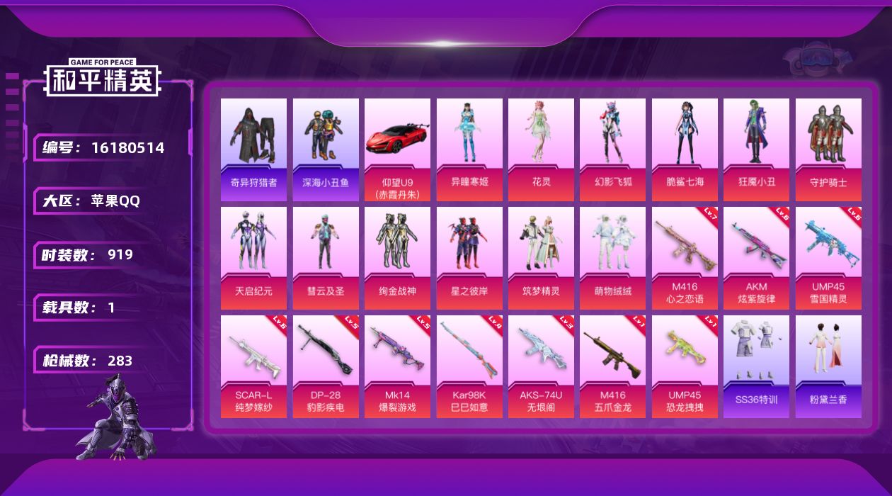 和平精英账号苹果QQ1载具-238套装-283枪皮-2稀有1载具12粉装10特效枪 12印记 【2稀有】 奇异狩猎者 浪