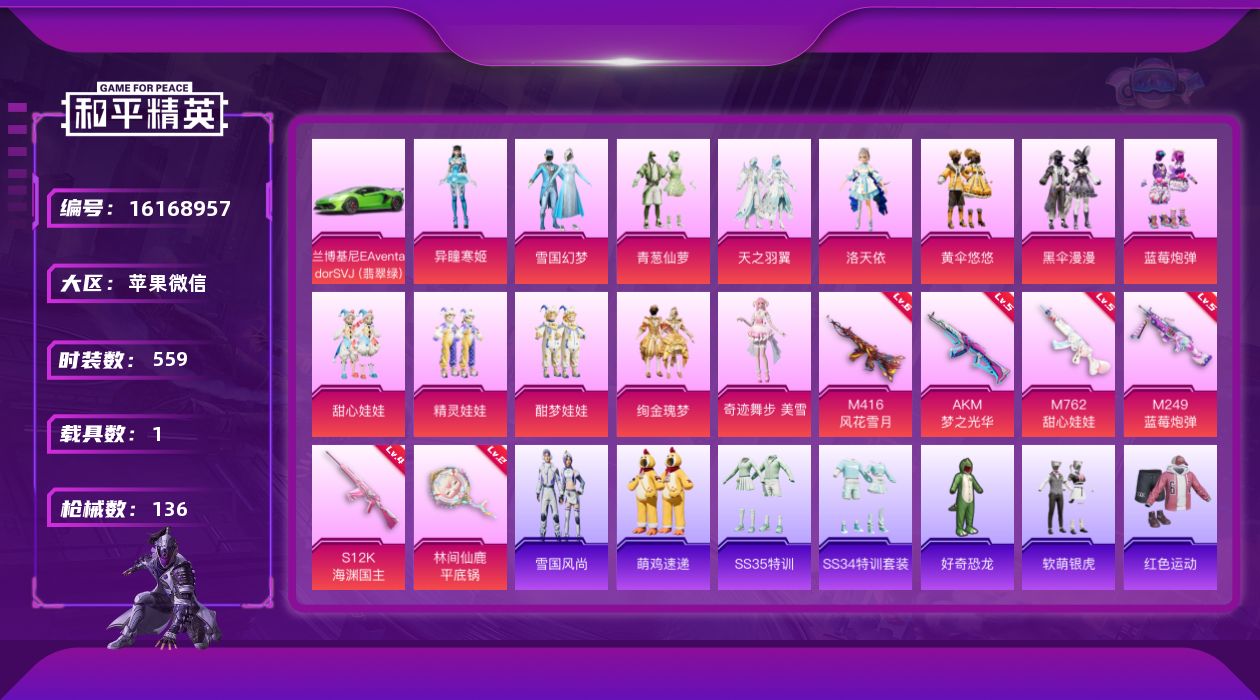 和平精英账号苹果微信13粉装 6特效枪 1载具 12印记 可二次 可修改实名 
【热门装扮】奇迹舞步-美雪,异瞳寒姬,洛