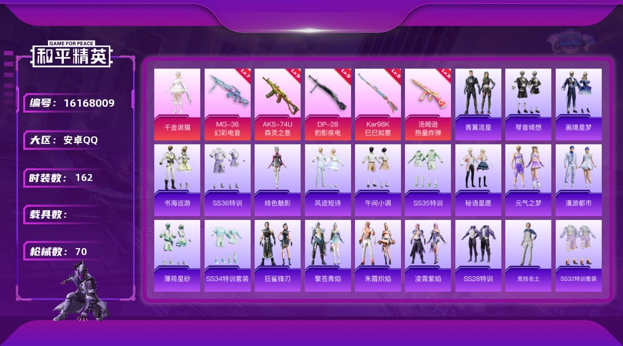 和平精英账号安卓QQ[16168009]实名: 可修改 时装数: 40 枪械数: 70 战备数: 40 热门装扮: 千金