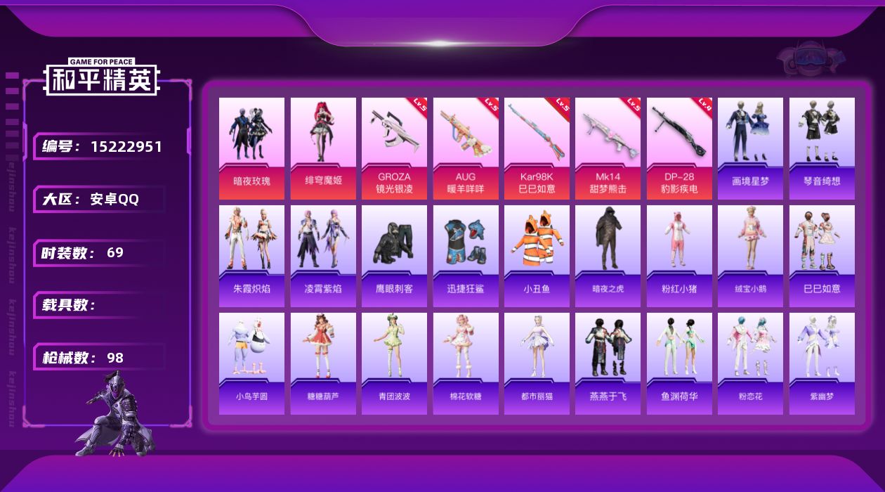 和平精英账号安卓QQ[15222951]【特价出售/店主推荐】安卓 手Q-2粉装-5特效枪-0载具-0粉色飞行器-26760热力值-2王牌印记-69套装-98枪皮
【热门品类】：套装-小丑鱼，套装-暗夜之虎，套装-粉红小
