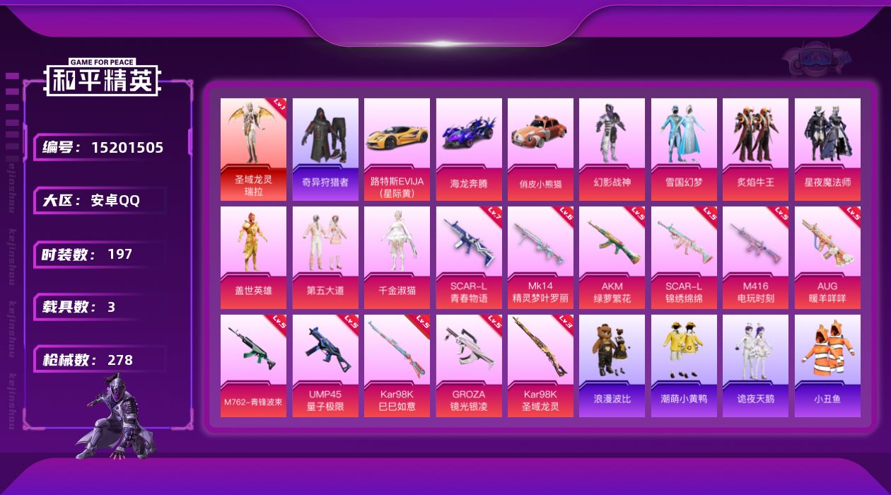 和平精英账号安卓QQ[15201505]【暑期末清货/特价急出/永久包赔/商品详情看图】：安卓 手Q1红装-7粉装-11特效枪-3载具-9万热力值-18印记-197套装-278枪皮【热门品类】：套装-小丑鱼，套装-奇异狩