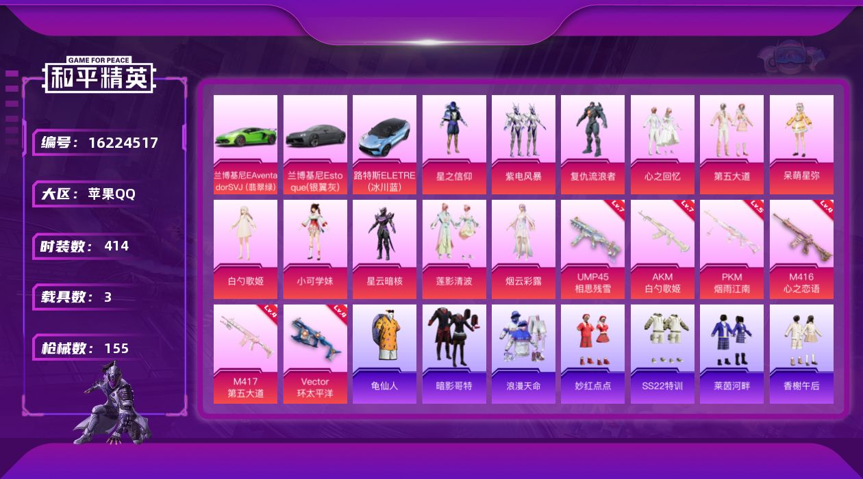 和平精英账号苹果QQ3载具-109套装-155枪皮-1稀有3载具11粉装6特效枪13热门109套装155枪皮 54083
