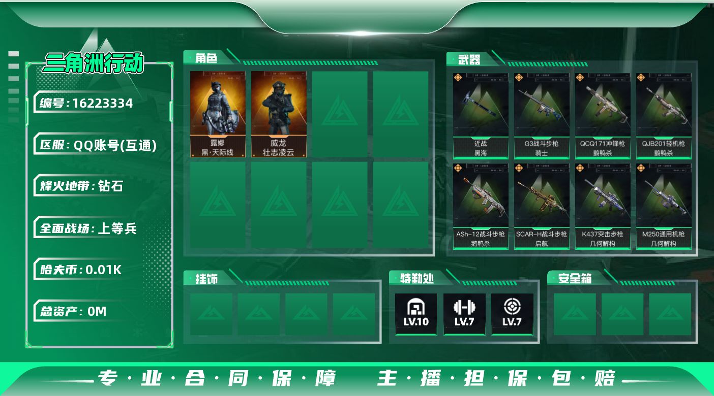 三角洲行动账号QQ总资产:379.2M 2干员外观 1近战传说 29传说枪械 哈夫币:17.449K  不可修改实名 