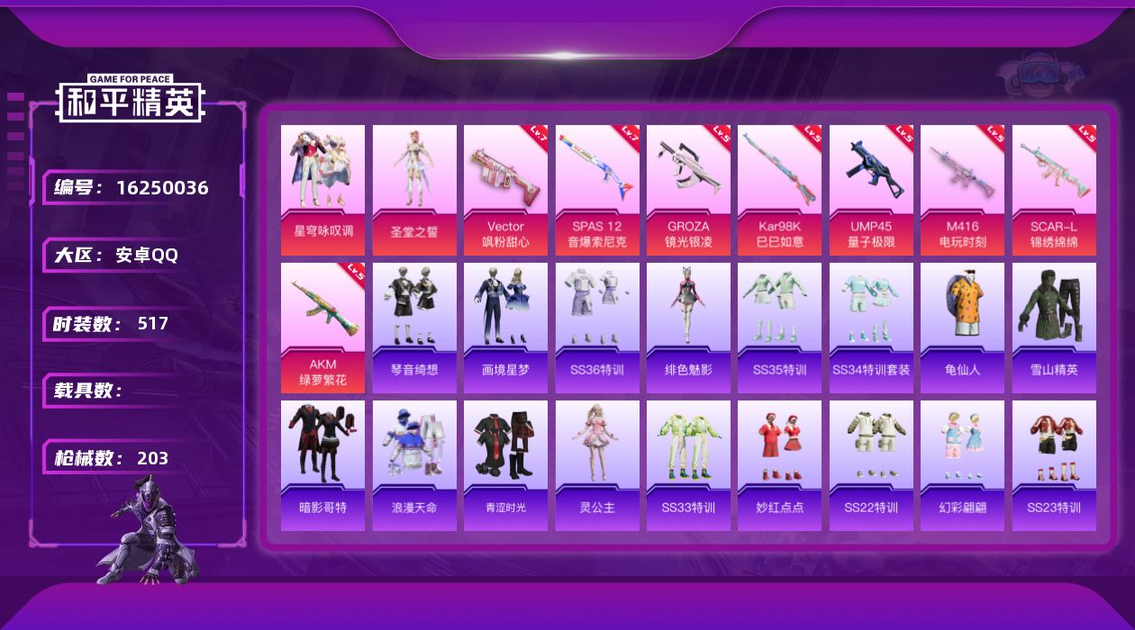 和平精英账号安卓QQ0载具-134套装-203枪皮--1稀有2粉装8特效枪8热门134套装203枪皮 54759热力值 