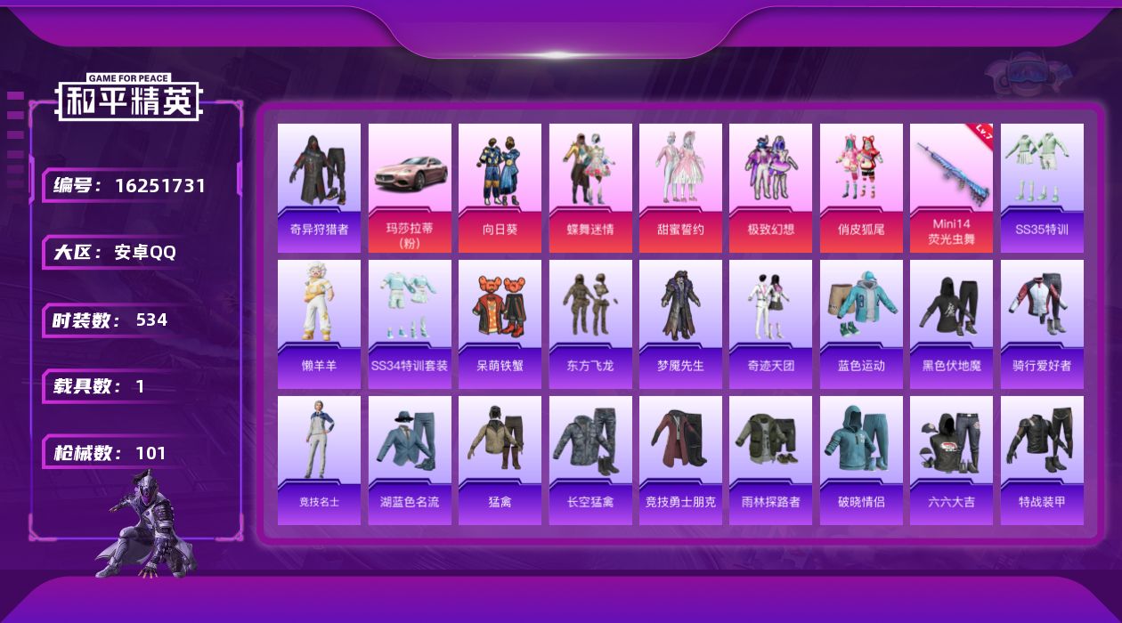 和平精英账号安卓QQ4粉装 1特效枪 1载具 3印记 可二次 可修改实名 
【热门装扮】奇异狩猎者,蝶舞迷情,甜蜜誓约,