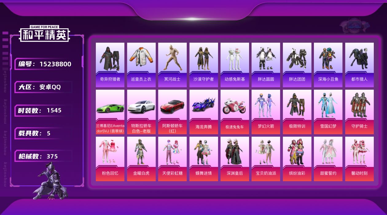 和平精英账号安卓QQ实名: 可修改 时装数: 1545 载具数: 5 枪械数: 375 战备数: 287 热门装扮: 奇