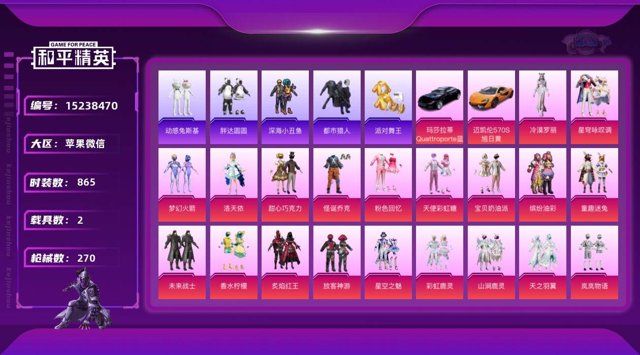 和平精英账号苹果微信实名: 可修改 时装数: 865 载具数: 2 枪械数: 270 战备数: 216 热门装扮: 梦幻