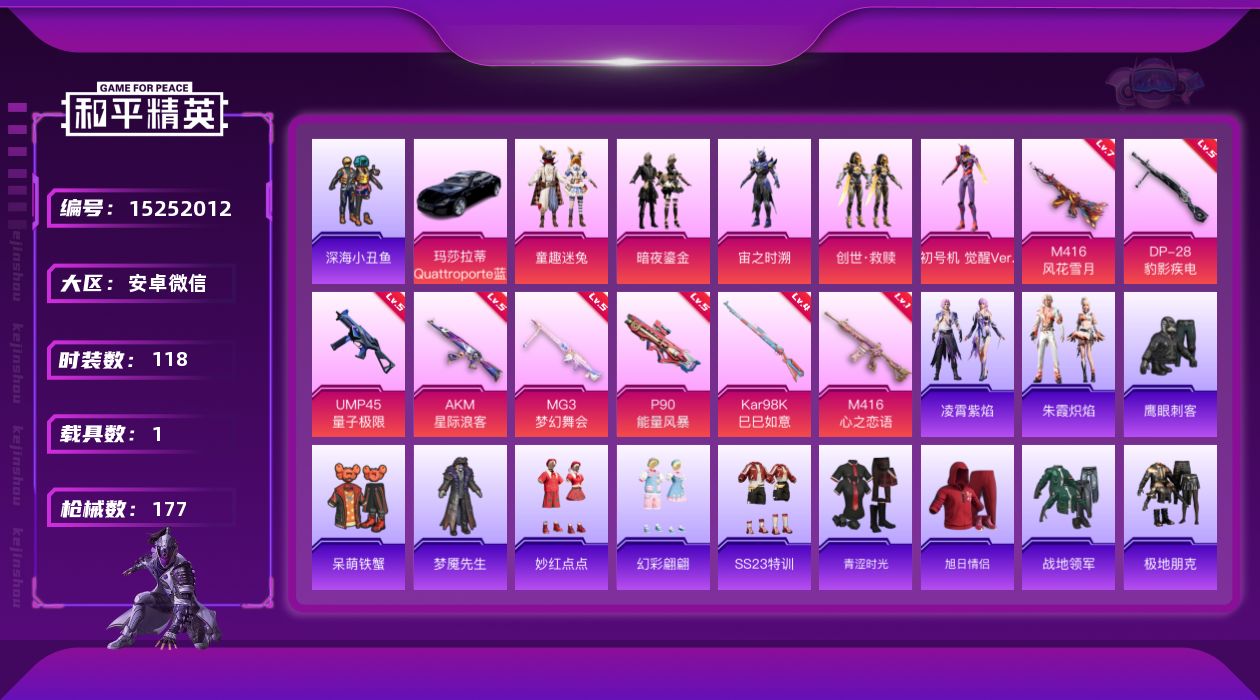 和平精英账号安卓微信[15252012]实名: 可修改 时装数: 118 载具数: 1 枪械数: 177 战备数: 11