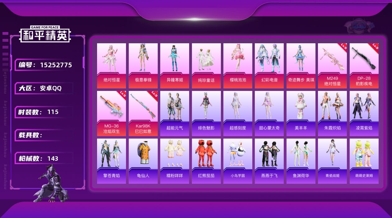 和平精英账号安卓QQ[15252775]【特价出售/店主推荐】安卓 手Q-7粉装-5特效枪-0载具-3粉色飞行器-42218热力值-6王牌印记-115套装-143枪皮
【热门品类】：套装-龟仙人，套装-糯粉咩咩，套装-红