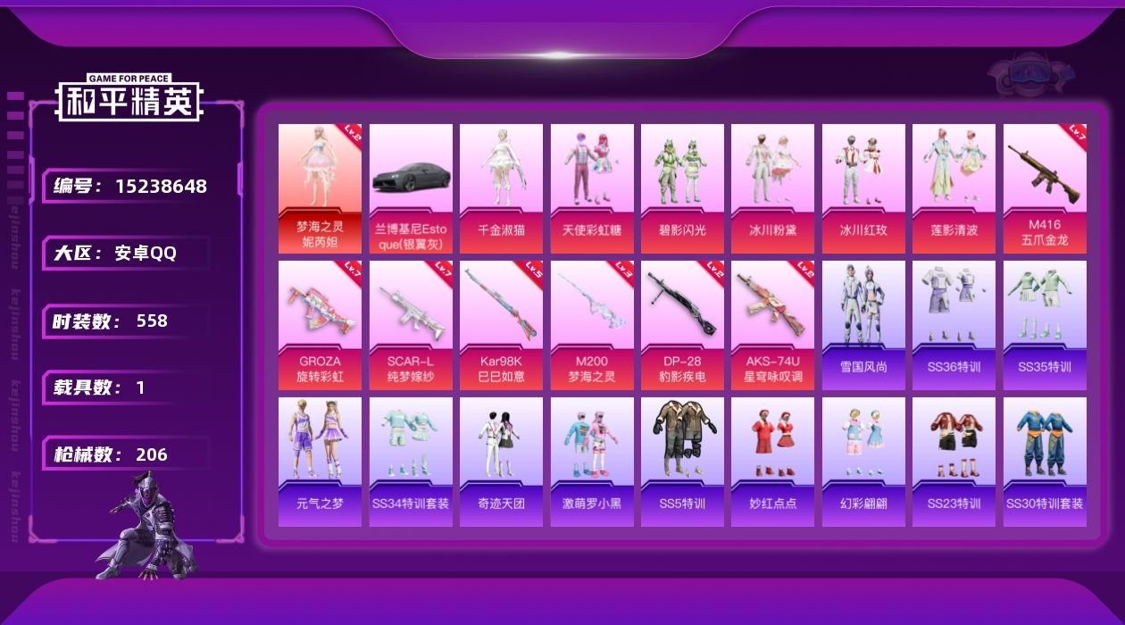 和平精英账号安卓QQ1载具-0套装-206枪皮-实名: 可修改 时装数: 558 载具数: 1 枪械数: 206 战备数