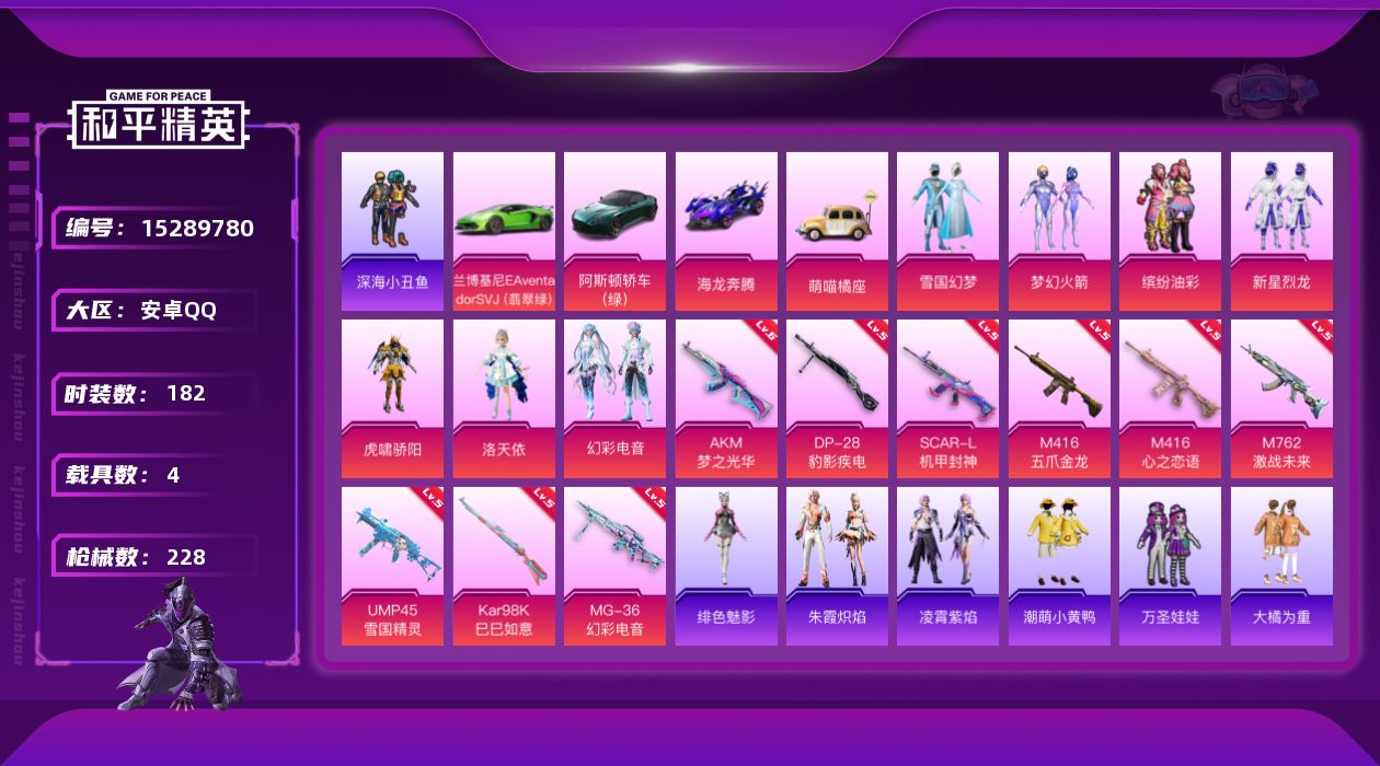 和平精英账号安卓QQ[15289780]【特价出售/店主推荐】安卓 手Q-7粉装-9特效枪-4载具-1僚机-3粉色飞行器-82611热力值-10王牌印记-182套装-228枪皮
【热门品类】：粉装-雪国幻梦，粉装-梦幻火