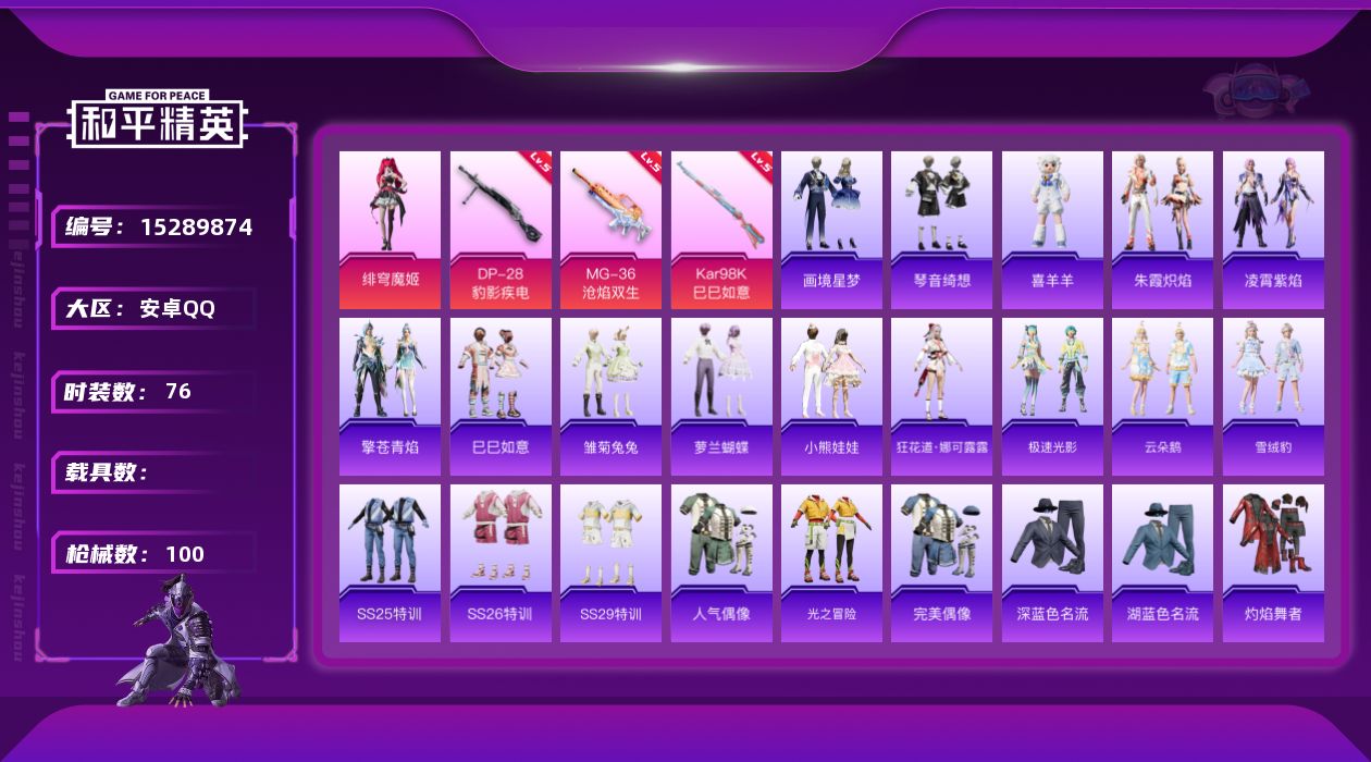 和平精英账号安卓QQ[15289874]【特价出售/店主推荐】 安卓 手Q-1粉装-3特效枪-0载具-1粉色飞行器-2.6w热力值-4王牌印记-76套装-100枪皮【粉色套装】：角色-绯穹魔姬【粉色枪皮等级】：Kar98