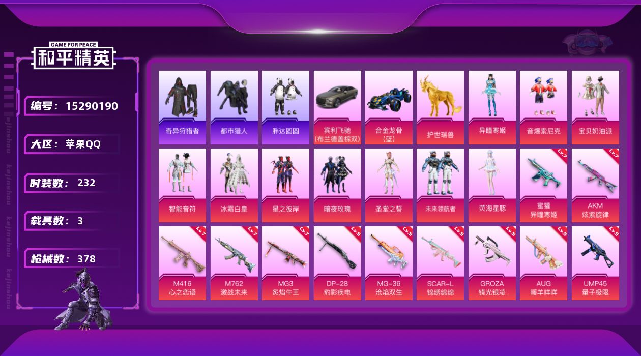 和平精英账号苹果QQ[15290190]【店主推荐捡漏号！可直接换绑】地铁满天赋 苹果 手Q-无敌战神框-10粉装-15特效枪-3载具-6粉色飞行器-119023热力值-23王牌印记-232套装-378枪皮
【热门品类】