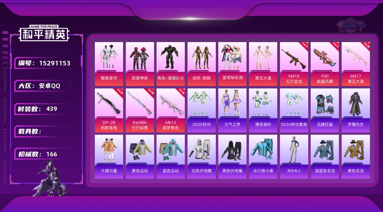 和平精英账号安卓QQ[15291153]6粉装 6特效枪 14印记 可二次 可修改实名 
【热门装扮】:星穹咏叹调,智能