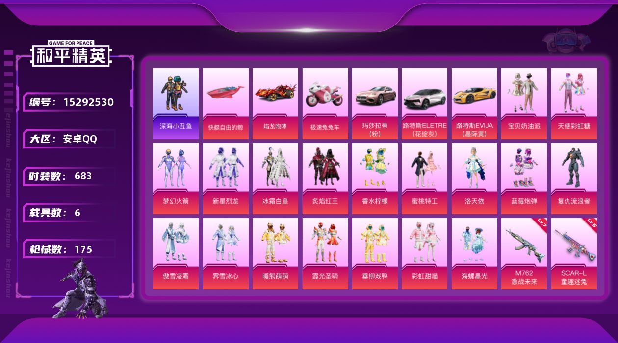 和平精英账号安卓QQ[15292530]18粉装 9特效枪 6载具 9印记 可二次 可修改实名 
【热门装扮】:梦幻火箭