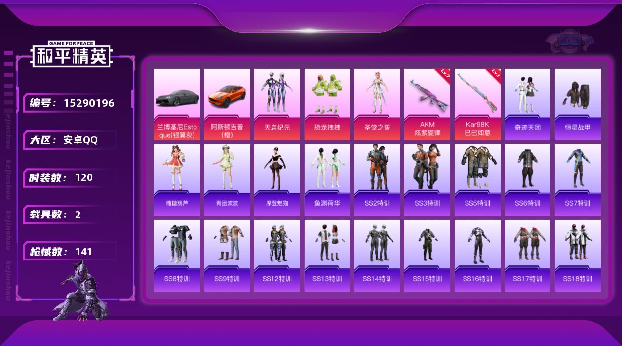 和平精英账号安卓QQ[15290196]【店主推荐捡漏号！可直接换绑】 安卓 手Q-3粉装-2特效枪-2载具-0粉色飞行器-45154热力值-5王牌印记-120套装-141枪皮
【粉色套装】：粉装-天启纪元，粉装-恐龙拽