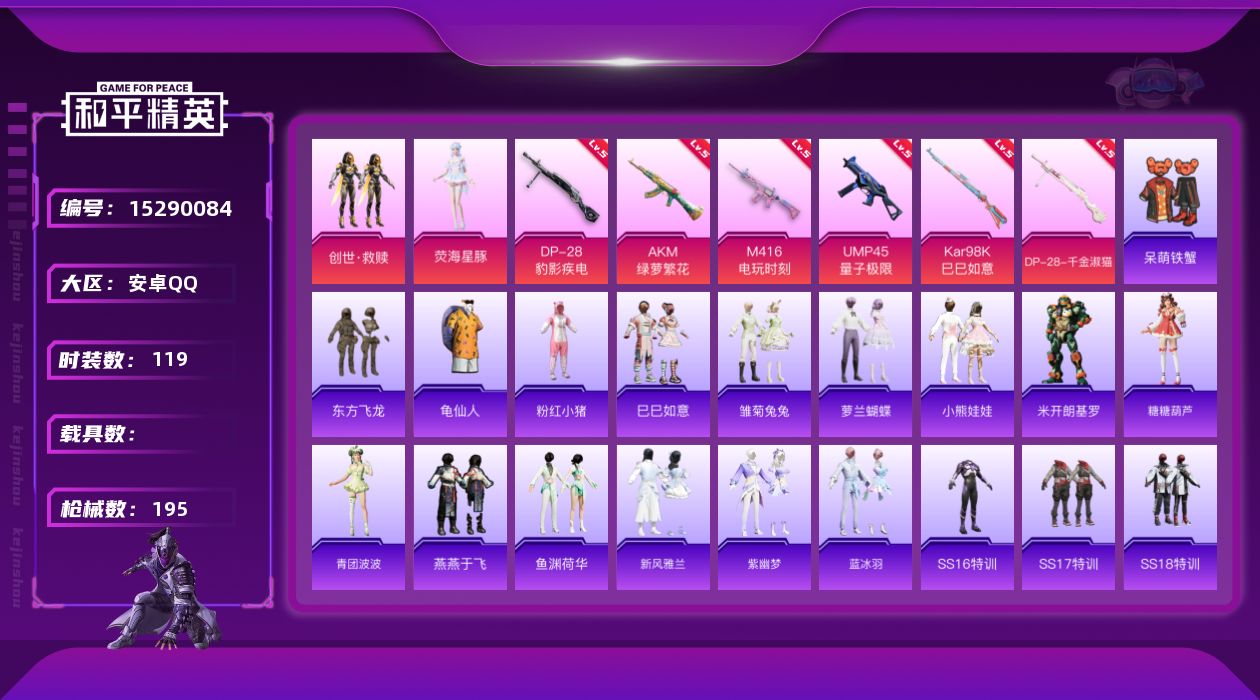 和平精英账号安卓QQ[15290084]【特价出售/店主推荐】 地铁满天赋 安卓 手Q-2粉装-6特效枪-0载具-1粉色飞行器-5.8w热力值-13王牌印记-119套装-195枪皮【热门品类】：套装-龟仙人，套装-粉红小