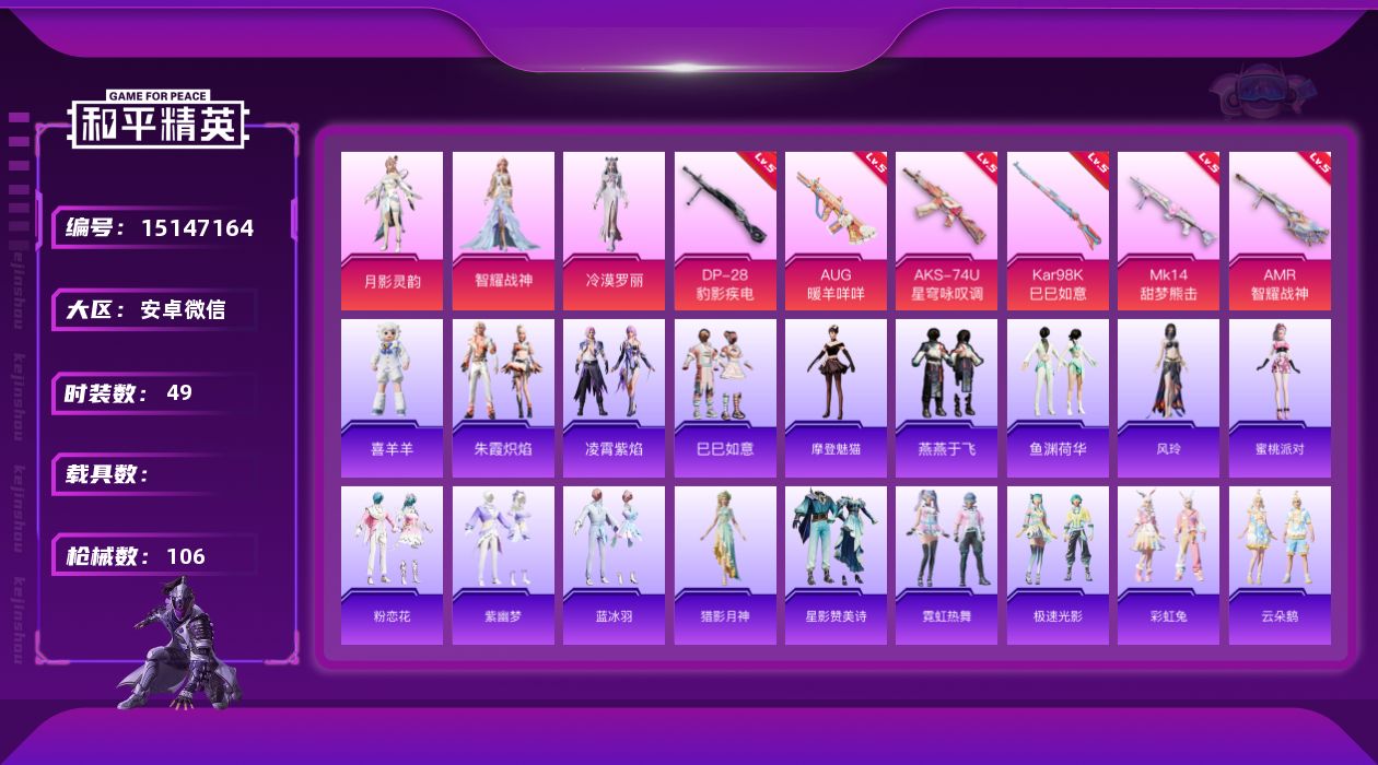 和平精英账号安卓微信[15147164]社交限制-介意勿拍-安卓 微信-3粉装-6特效枪-0载具-1粉色飞行器-28355热力值-2王牌印记-49套装-106枪皮
【粉色套装】：角色-月影灵韵，角色-智耀战神，角色-冷漠