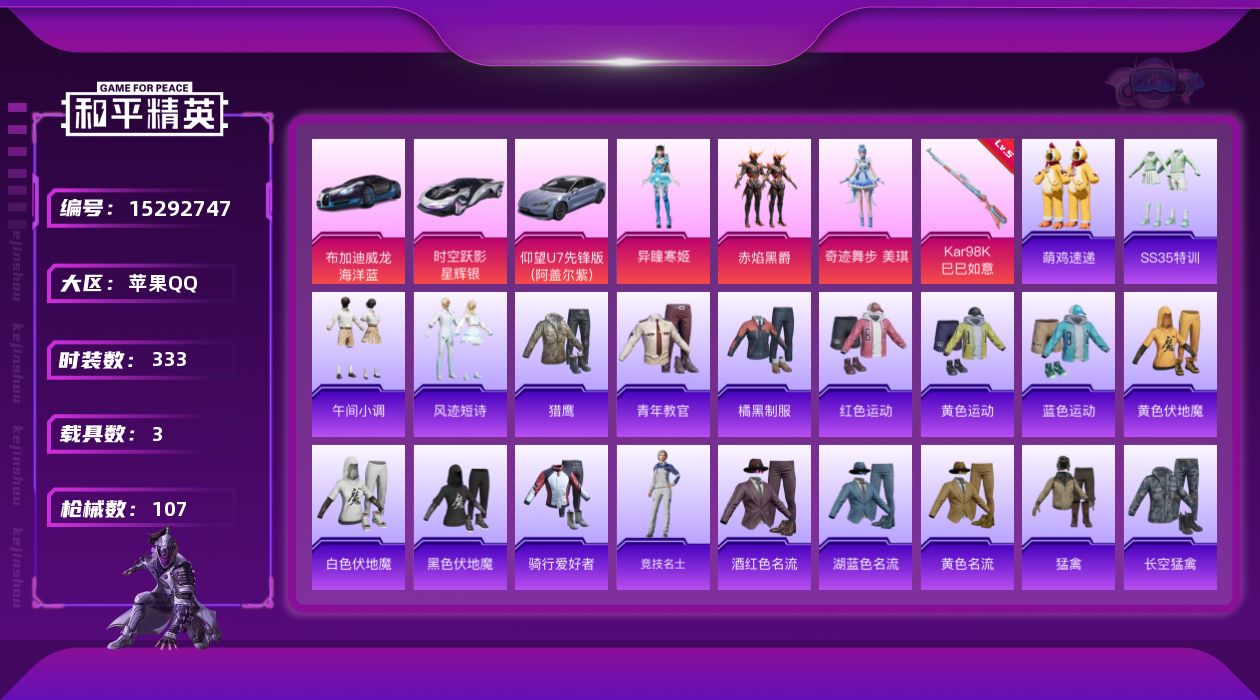 和平精英账号苹果QQ[15292747]3粉装 1特效枪 3载具 4印记 可二次 可修改实名 
【热门装扮】:奇迹舞步-