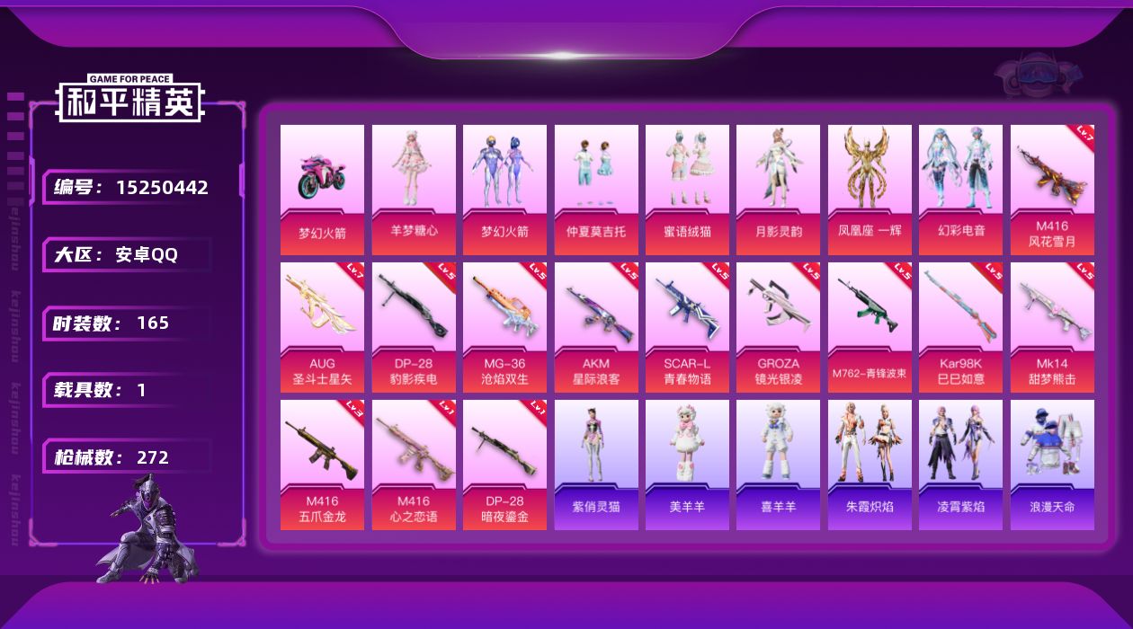 和平精英账号安卓QQDAS7977可二次 安卓Q-1稀有1载具7粉装13特效枪7热门165套装272枪皮 83926热力
