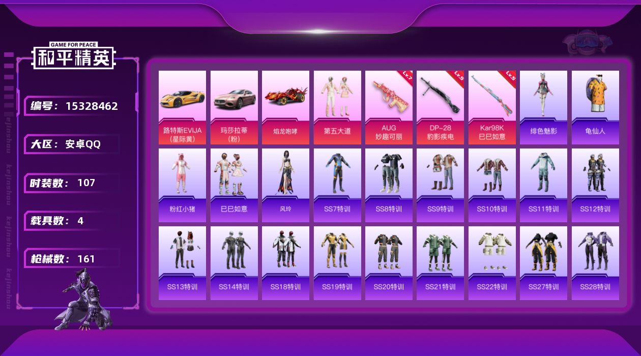 和平精英账号安卓QQ[15328462]【特价出售/店主推荐】 安卓 手Q-1粉装-3特效枪-4载具-2粉色飞行器-50511热力值-12王牌印记-107套装-161枪皮【热门品类】：套装-龟仙人，套装-粉红小猪【粉色套