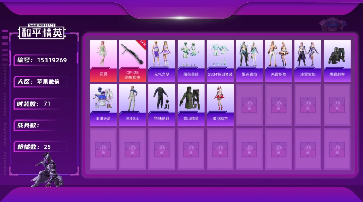 和平精英账号苹果微信[15319269]时装数: 13 枪械数: 24 战备数: 23 热门装扮: 鹰眼刺客