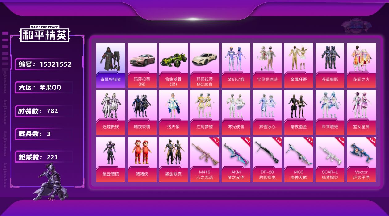 和平精英账号苹果QQ[15321552]时装数: 782 载具数: 3 枪械数: 223 战备数: 171 热门装扮: 
