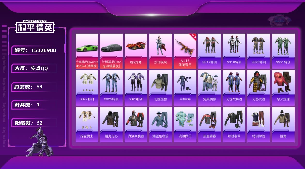 和平精英账号安卓QQ[15328900]【特价出售/店主推荐】安卓 手Q-1粉装-1特效枪-3载具-1.9w热力值-1王牌印记-53套装-52枪皮
【粉色套装】：粉装-沙场疾风
【粉色枪皮等级】：M416-风花雪月(五级