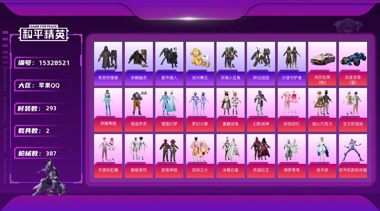 和平精英账号苹果QQ[15328521]【特价出售/店主推荐】极品满素材男神号！！！！苹果 手Q-无敌战神框-22粉装-13特效枪-2载具-2粉色飞行器-134476热力值-18王牌印记-293套装-387枪皮【热门品类