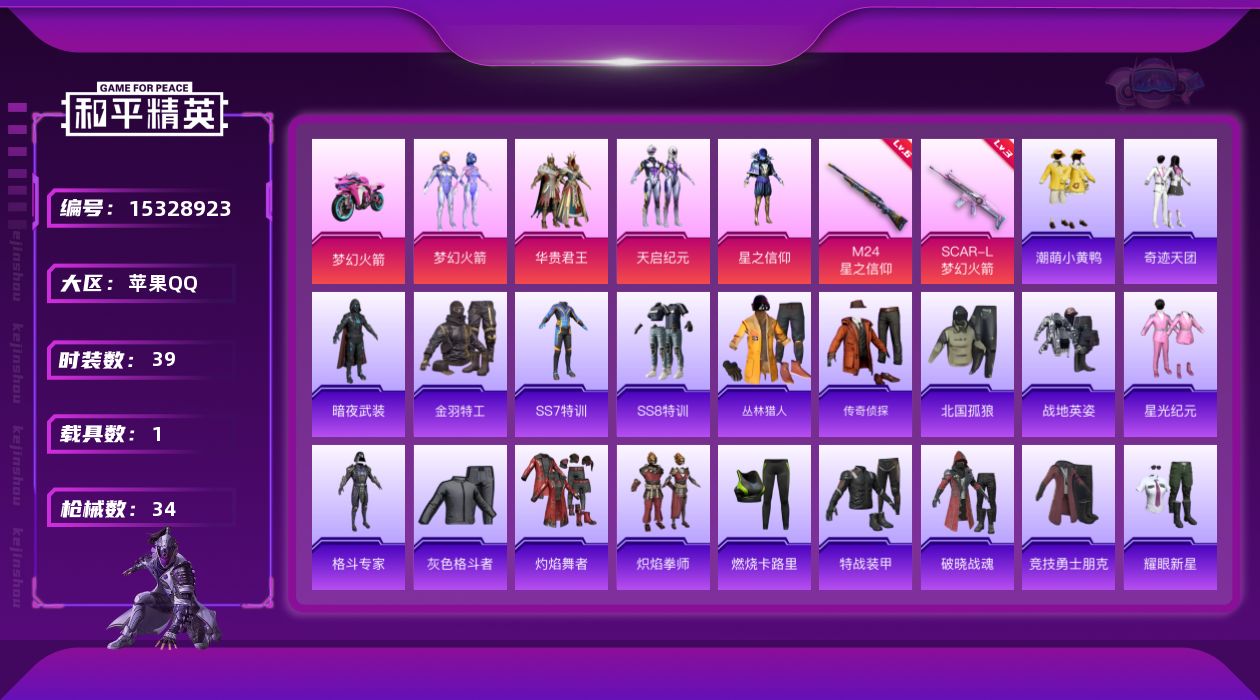 和平精英账号苹果QQ[15328923]连体王者大国服孙尚香 【特价出售/店主推荐】苹果 手Q-无敌战神框-4粉装-2特效枪-1载具-2粉色飞行器-1.8w热力值-1王牌印记-39套装-34枪皮
【热门品类】：粉装-梦幻