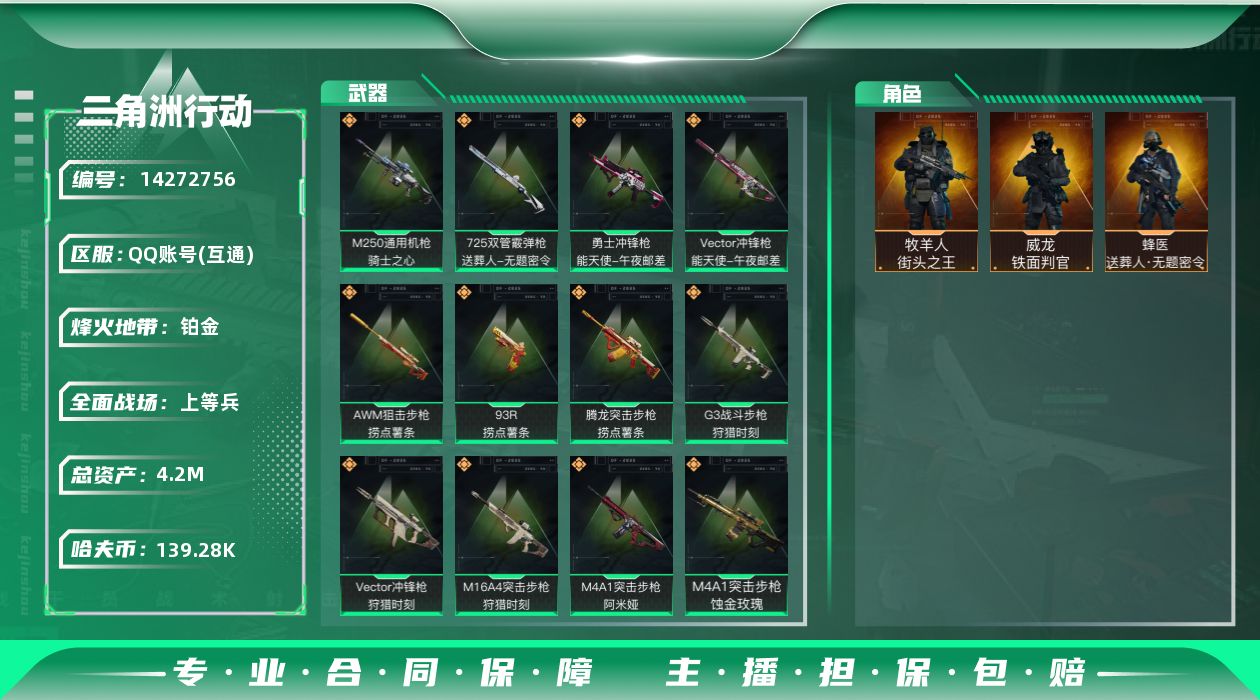 三角洲行动账号QQ[14272756]JHS2502-总资产4.5m-13w哈夫币【仓库5,体力3,耐力2】【铁面判官,街头之王,送葬人】【三角卷有1千，限时的900】