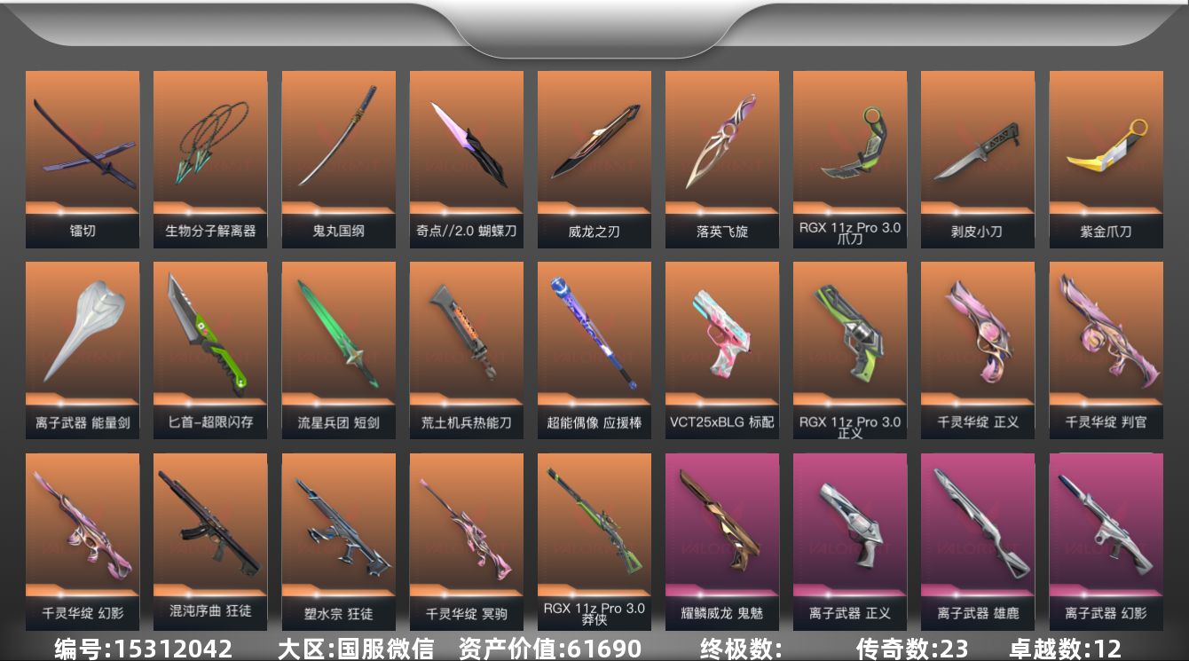 无畏契约账号微信[15312042]23橙皮 12紫皮 91皮肤 22英雄 102卡面 935已用源晶 未定级段位 